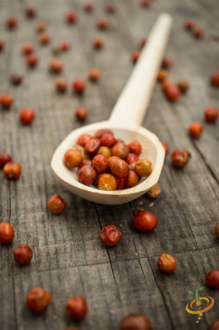 Close-up of worldβs hottest pepper seeds in a wooden spoon on rustic wooden surface with scattered seeds around