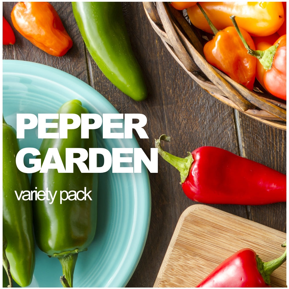 All-in-One Hot & Sweet Pepper Garden Variety Pack by SeedsNow-SeedBanks featuring colorful pepper seeds and packaging.