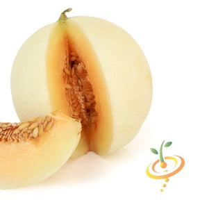 Honeydew melon seeds with orange flesh from SeedsNow, showing the seed packet and fresh melon slices with vibrant orange interior.