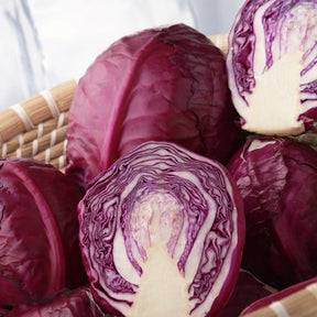 Red cabbage seeds from SeedsNow, ready for planting, shown in a close-up image of vibrant red seed packets.